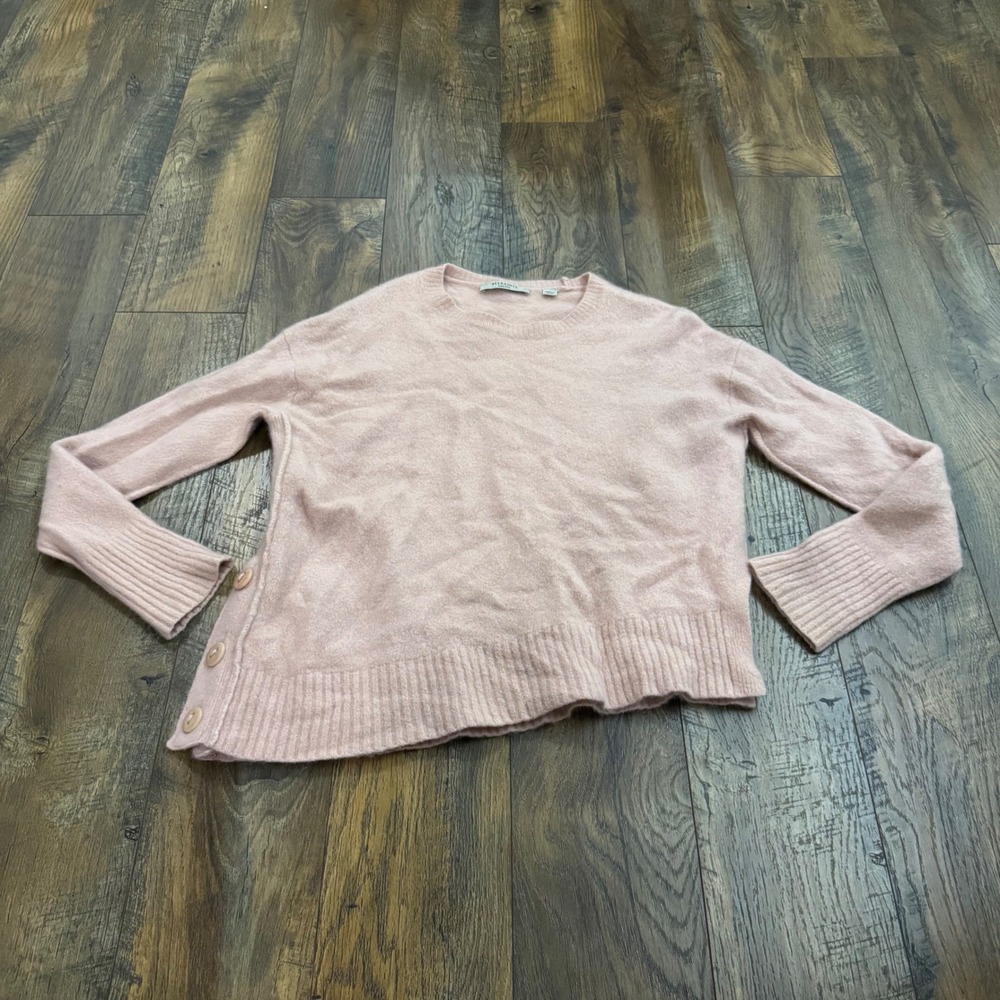 AllSaints Wool Yak Blend Sweater Womens M Pink Side Button Asymmetrical Crewneck